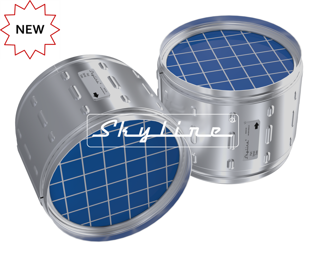 Skyline aftermarket DPF DJ0716 for Detroit Diesel DD5 and DD8 engines with NEW stamp in upper left corner