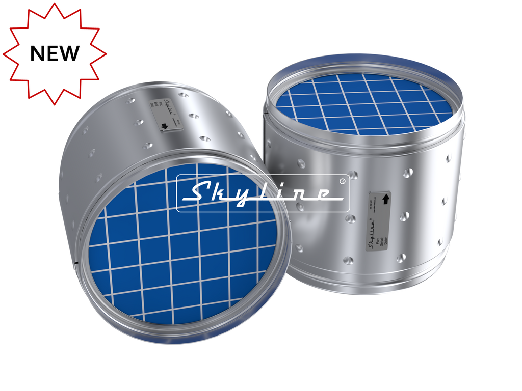 Rendering of two Skyline aftermarket DPF for Detroit Diesel DD5 and DD8 engines, part number DJ0822, with silicon carbide DPF substrates