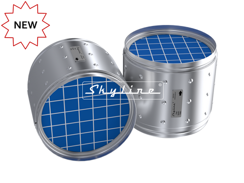 Rendering of two Skyline aftermarket DPF for Detroit Diesel DD5 and DD8 engines, part number DJ0822, with silicon carbide DPF substrates