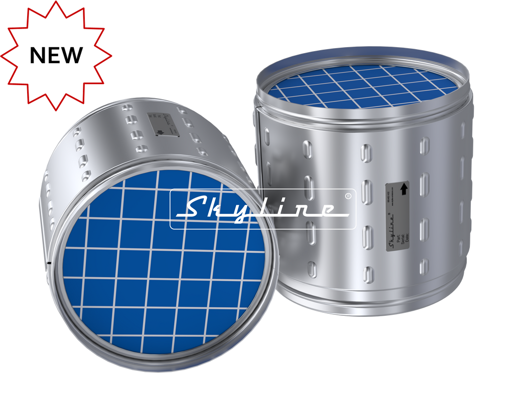 Rendering of two Skyline aftermarket DPF for Detroit Diesel DD5 and DD8 engines, part number DJB0921, with silicon carbide DPF substrates