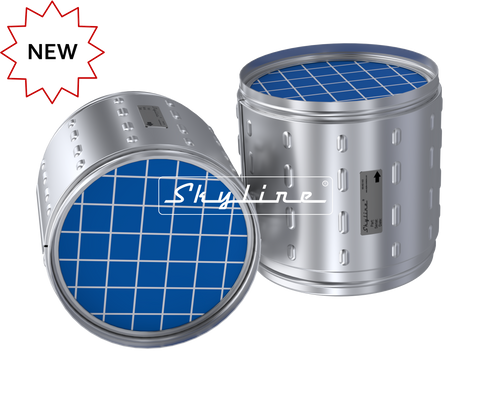 Rendering of two Skyline aftermarket DPF for Detroit Diesel DD5 and DD8 engines, part number DJB0921, with silicon carbide DPF substrates